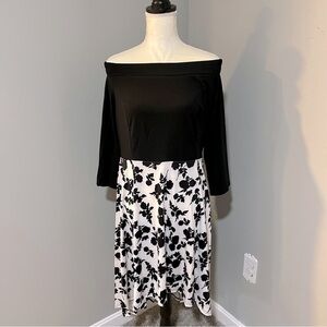 NWT Cuqy Size XL Black & White Off Shoulder Dress w/Floral Print High Low Bottom